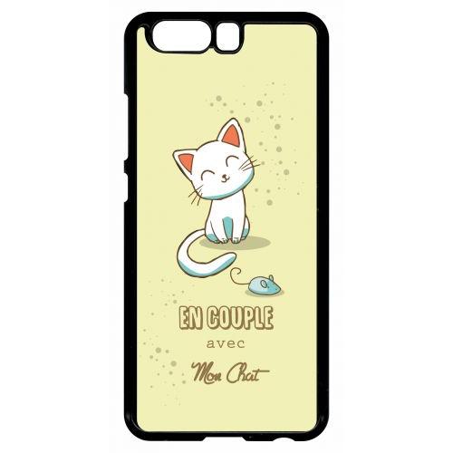 Coque Pour Smartphone - En Couple Avec Mon Chat Fond Jaune - Compatible Avec Huawei P10 - Plastique - Bord Noir