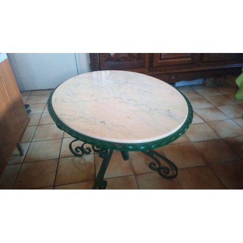 Table Basse De Salon Ovale Pied En Fer Forgé Et Dessus Marbre Rose Faite Par Un 1er Ouvrier De France