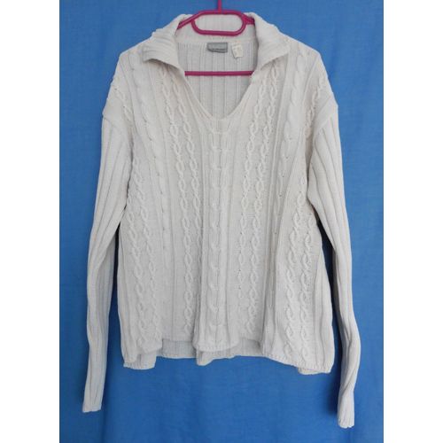 Pull Blanc Cassé À Torsades. 3 Suisses. Coton. Taille 42 / 44