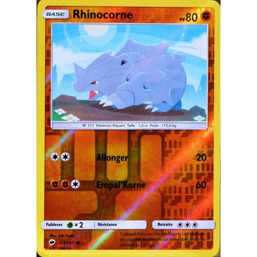 Carte Pokémon 65/147 Rhinocorne 80 Pv - Reverse Sl3 - Soleil Et Lune - Ombres Ardentes Neuf Fr