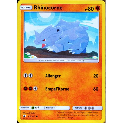 Carte Pokémon 65/147 Rhinocorne 80 Pv Sl3 - Soleil Et Lune - Ombres Ardentes Neuf Fr