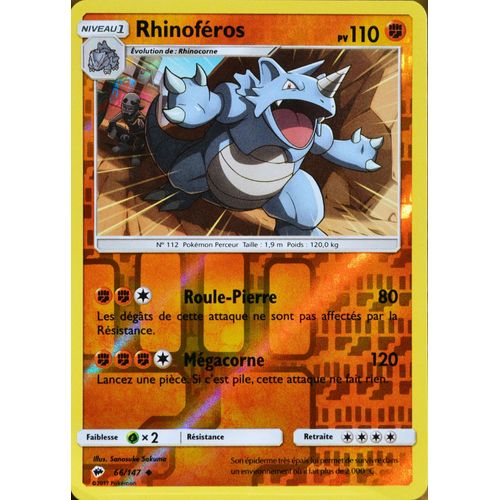 Carte Pokémon 66/147 Rhinoféros 110 Pv - Reverse Sl3 - Soleil Et Lune - Ombres Ardentes Neuf Fr