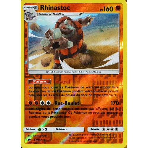 Carte Pokémon 67/147 Rhinastoc 160 Pv - Holo Reverse Sl3 - Soleil Et Lune - Ombres Ardentes Neuf Fr