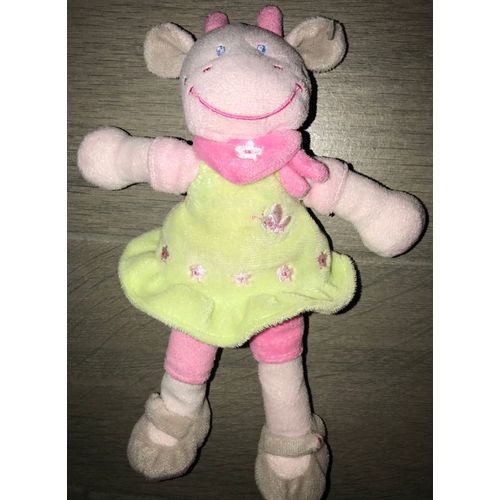 Doudou Vache Nicotoy Robe Verte Bandana Rose 23 Cm