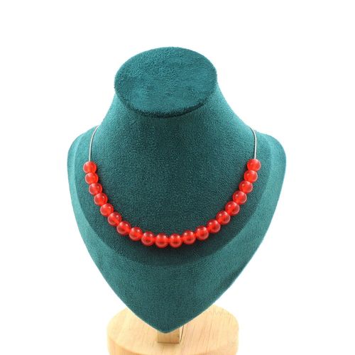 Collier 20 Perles Calcédoine Rouge 8 Mm. Chaine En Acier Inoxydable Collier Femmes, Hommes. Taille Personnalisable.