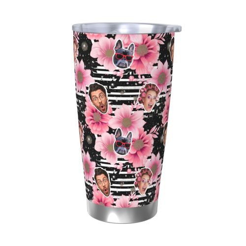 Gobelet Personnalisé Avec Visage 590ml Rayures Florales Roses Et Dorées =5 Tasse De Café Pour Voiture Avec Photo D'animaux De Compagnie,Bébé,Enfants,Hommes,Femmes