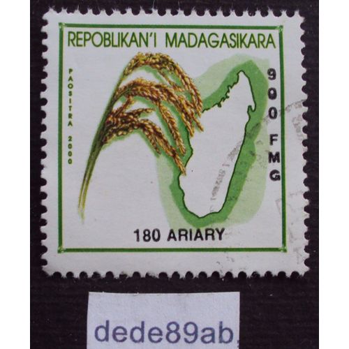 Madagascar..  180 Ariary Paositra Malagasy 2000 . Épis De Blé Et Plan De L'ile . Oblitéré Used Stamp.