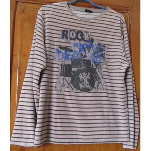 Pull/Sweet Aspect Velours - Gris Clair Avec Rayures Horizontales Gris Foncé Et Grand Plastron Illustré Rock Is Not Dead- Bikool Taille 16ans 174cm- Manches Longues-75%Coton/25%Polyester