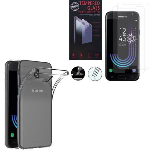 Coque Silicone Pour Samsung Galaxy J3 (2017) 5.0" Gel Ultraslim Et Ajustement Parfait - Transparent + 2 Films Verre Trempé