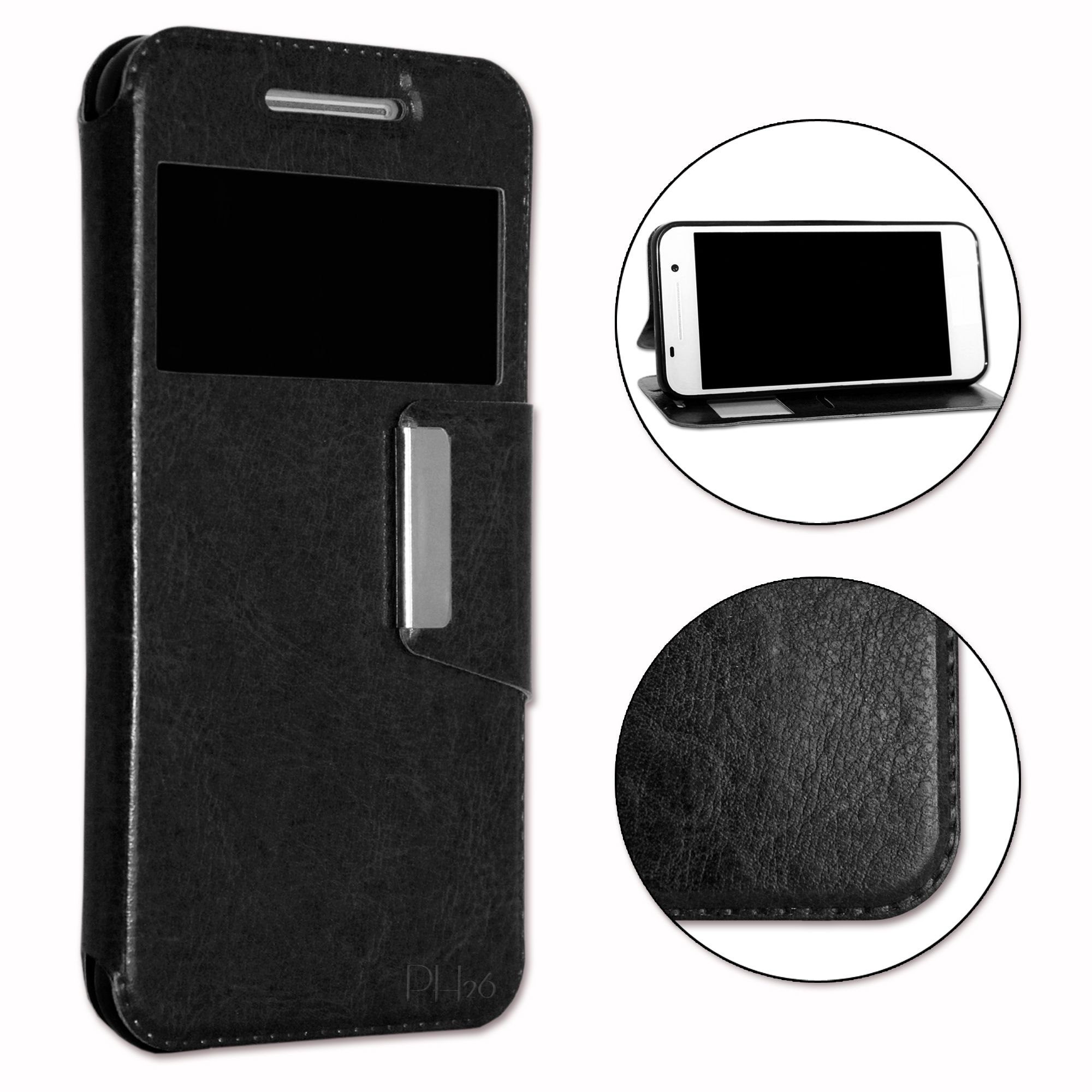 Alcatel  Pixi4 5p Housse Etui Coque Noir Folio Dédiée Façon Cuir Avec Surpiqûres Et Clapet Magnétique By Ph26®