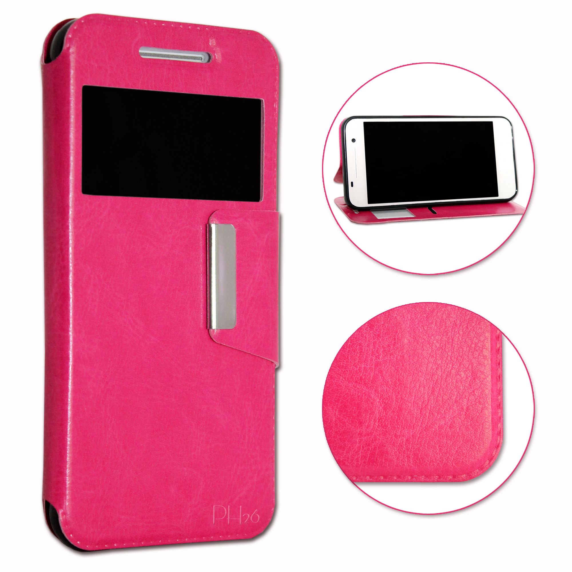 Htc 816 Housse Etui Coque Rose Folio Dédiée Façon Cuir Avec Surpiqûres Et Clapet Magnétique By Ph26®