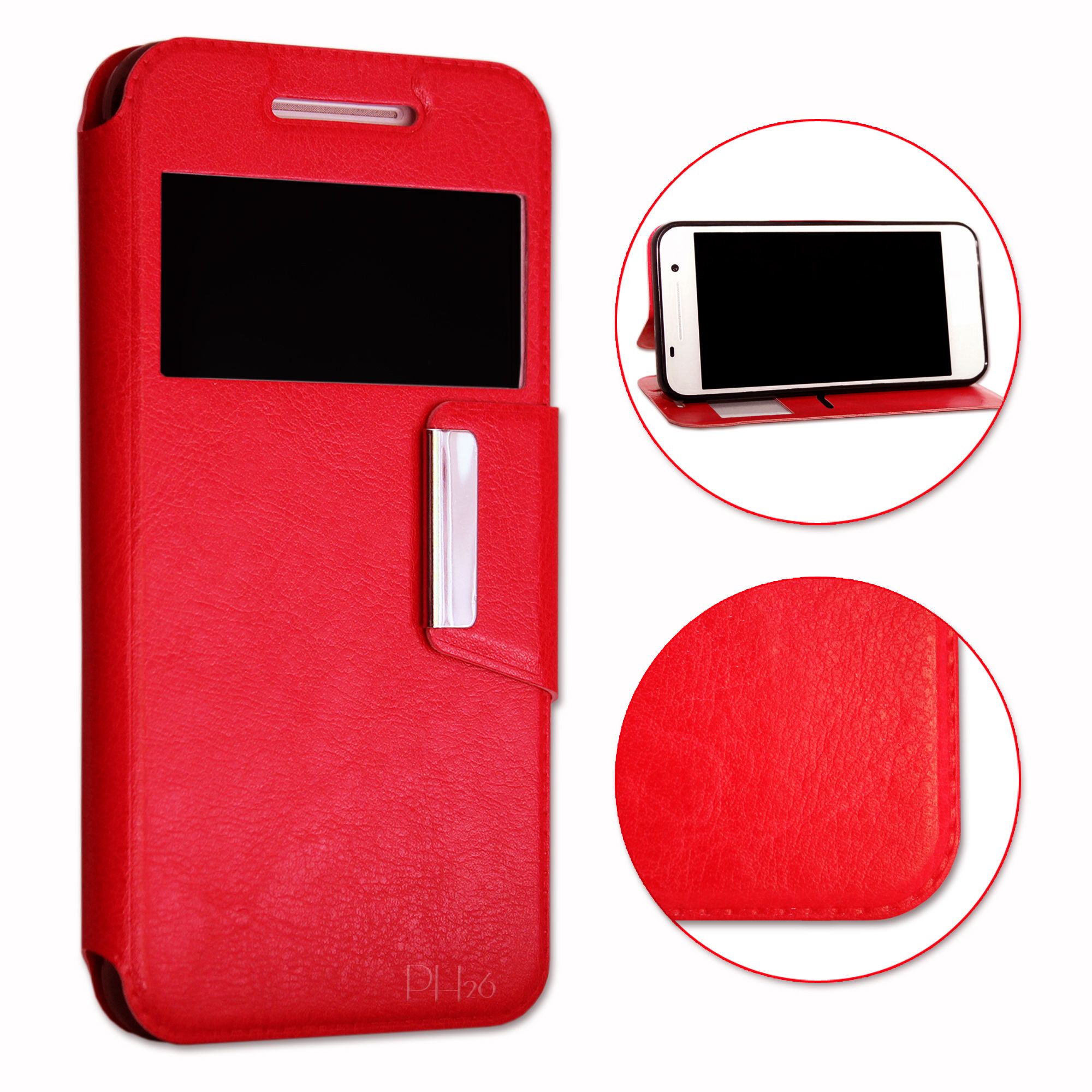 Samsung Galaxy Core 4g Housse Etui Coque Rouge Folio Dédiée Façon Cuir Avec Surpiqûres Et Clapet Magnétique By Ph26®