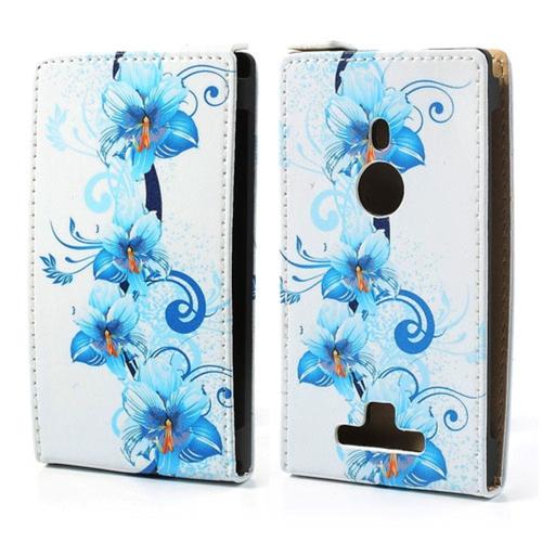 Etui A Rabat Vertical Lumia 925 Motifs Fleurs Bleues Sur Fond Blanc