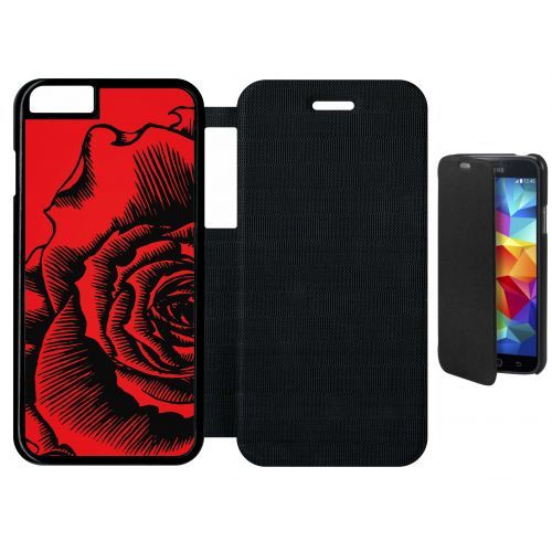 Etui A Flip Flap - Fleur Fond Fond Rouge - Compatible Avec Apple Iphone 6 - Plastique - Bord Noir