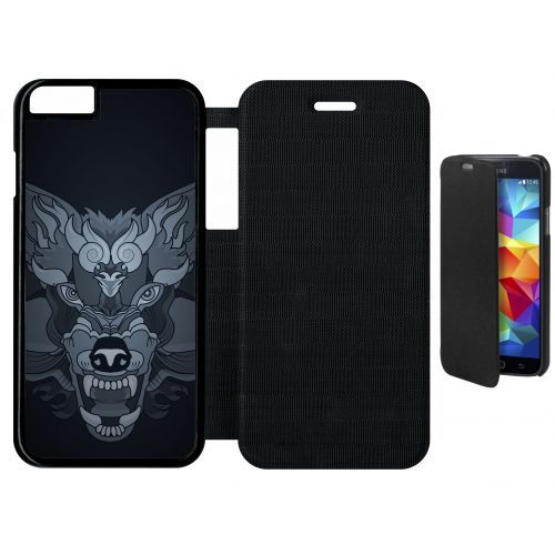 Etui A Flip Flap - Loup Fond Gris - Compatible Avec Apple Iphone 6s - Plastique - Bord Noir