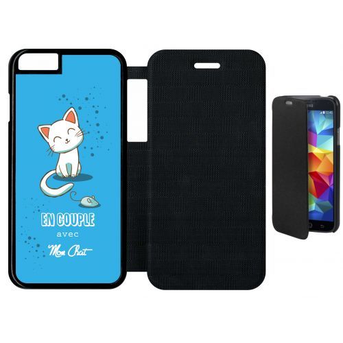 Etui A Flip Flap - En Couple Avec Mon Chat Fond Bleu - Compatible Avec Apple Iphone 6s - Plastique - Bord Noir
