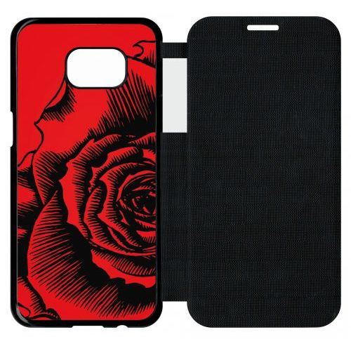 Etui A Flip Flap - Fleur Fond Fond Rouge - Compatible Avec Samsung Galaxy S7 Edge - Plastique - Bord Noir