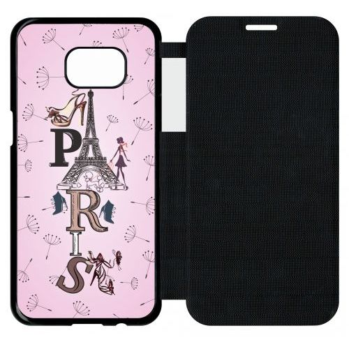 Etui A Flip Flap - Paris Fond Rose Pale - Compatible Avec Samsung Galaxy S7 Edge - Plastique - Bord Noir