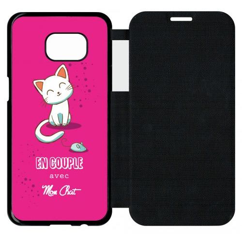 Etui A Flip Flap - En Couple Avec Mon Chat Fond Rose - Compatible Avec Samsung Galaxy S7 Edge - Plastique - Bord Noir