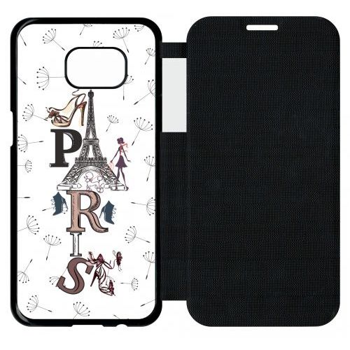 Etui A Flip Flap - Paris Fond Blanc - Compatible Avec Samsung Galaxy S7 Edge - Plastique - Bord Noir