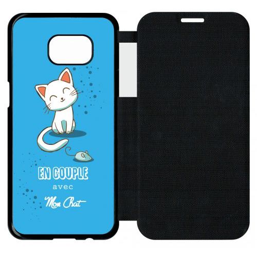 Etui A Flip Flap - En Couple Avec Mon Chat Fond Bleu - Compatible Avec Samsung Galaxy S7 Edge - Plastique - Bord Noir
