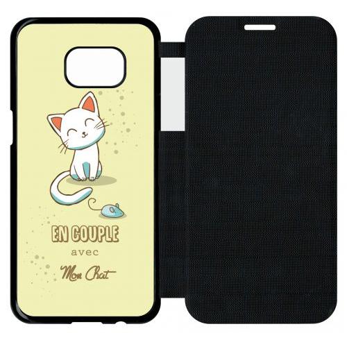 Etui A Flip Flap - En Couple Avec Mon Chat Fond Jaune - Compatible Avec Samsung Galaxy S7 Edge - Plastique - Bord Noir