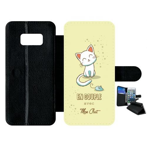 Etui À Rabat Galaxy S8 - En Couple Avec Mon Chat Fond Jaune - Simili-Cuir - Noir