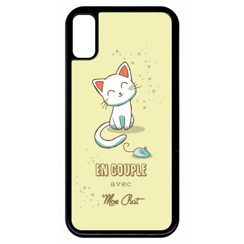 Coque Pour Smartphone - En Couple Avec Mon Chat Fond Jaune - Compatible Avec Apple Iphone 8 - Plastique - Bord Noir