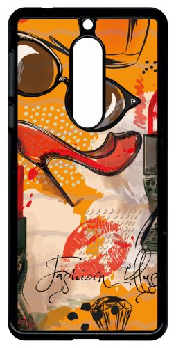 Coque Pour Smartphone - Motif Girly Fond Orange - Compatible Avec Nokia 5 - Plastique - Bord Noir