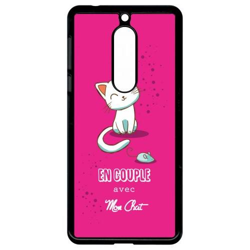 Coque Pour Smartphone - En Couple Avec Mon Chat Fond Rose - Compatible Avec Nokia 5 - Plastique - Bord Noir