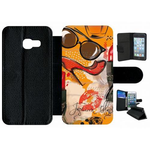 Etui À Rabat Galaxy A3 (2017) - Motif Girly Fond Orange - Simili-Cuir - Noir