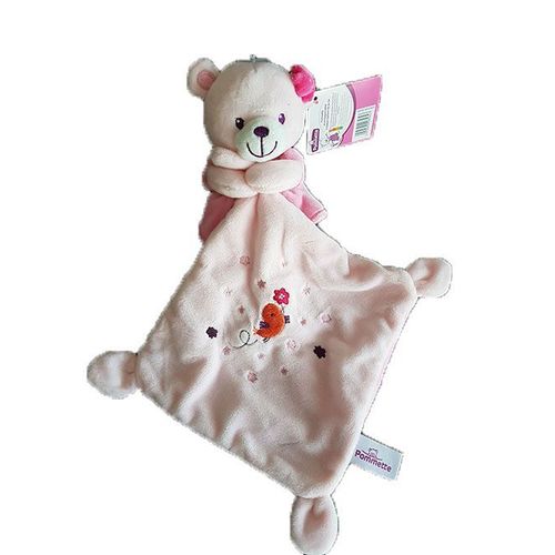 Pommette - Doudou Ours Plat Rose Mouchoir Oiseau
