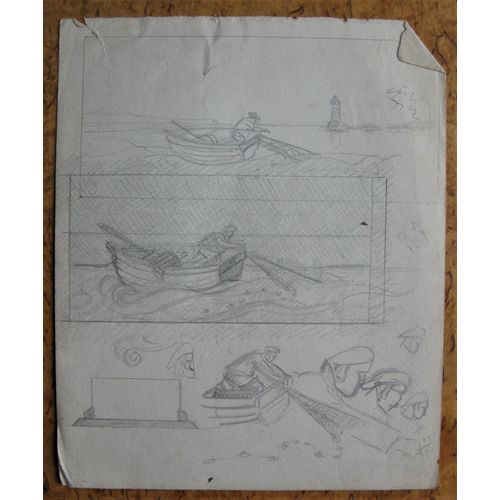 Dessin Original Guy Petitfils Etude Barque Pêcheurs 21,5 / 26,5 Cm (Et Verso) 