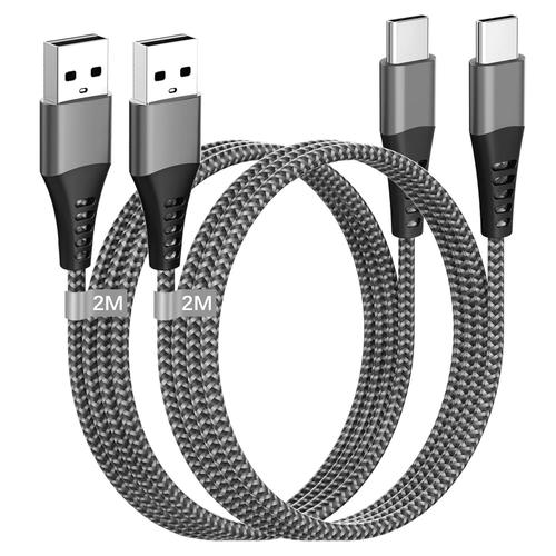 Cable USB C 2M [Lot de 2], Câble USB C Charge Rapide Cable USB Type C Cable Chargeur pour Samsung Galaxy S23/S22/S21/S20/S10/S9/S8/Note 10 9 8,Huawei,Sony,Xiaomi, Nylon 3A Cable USB A vers USB C