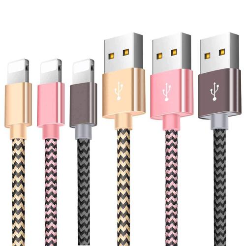 Cable Phone Chargeur Phone[3Pack-1.5M] Nylon Tressé Câble USB Charge Rapide Câble Phone pour Phone X/XS/8/8 Plus/7/7 Plus/6s/6s Plus/6/6 Plus/Se/5s/5c/5, Pad 2/3 /4 Mini(Or,Rose,Gris)