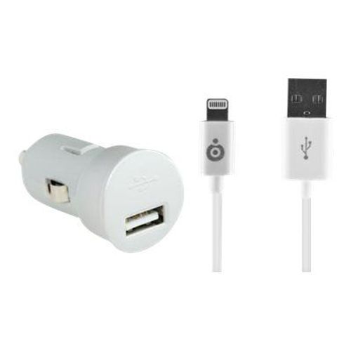 Chargeur Voiture 2.4a Charge Rapide + Câble Usb A/Lightning Blanc Bigben