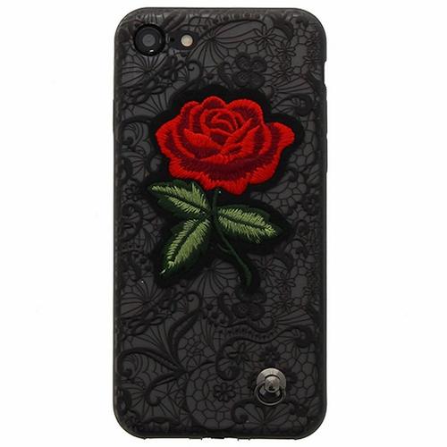 Coque Iphone 7/8 Dentelle Noire + Fleur Brodée