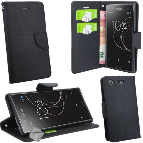 Housse Etui Coque Pochette Portefeuille Pour Sony Xperia Xz1 Compact + Verre Trempe - Noir / Noir