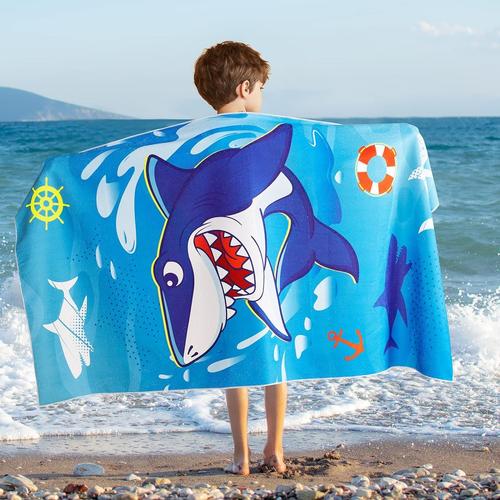 Serviette De Plage Pour Enfants - Aqsacokiya - 70 X 150cm -Séchage Rapide Ultra Absorbant Super Doux - Blue Shark