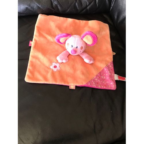 Doudou Plat Carre Souris Influx Orange Rose Fleur 28*28cm