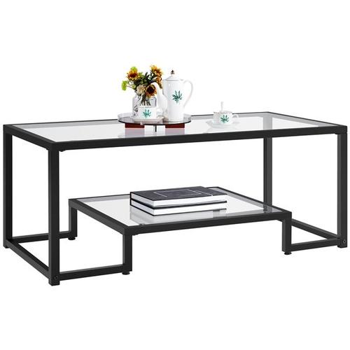 Yaheetech Table Basse, Table De Salon En Verre Trempée À 2 Niveaux, Cadre En Métal, Pour Salon Chambre Balcon Canapé 106×50×45 Cm, Noir