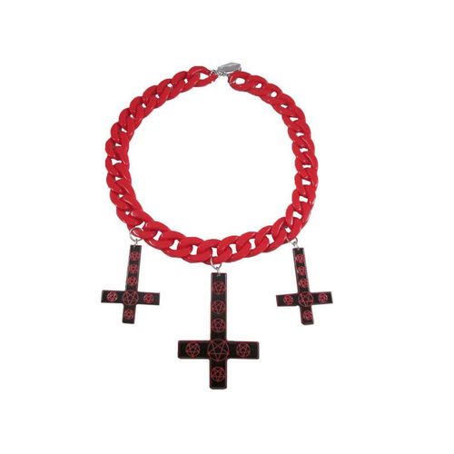 Collier Chaîne Rouge Avec 3 Pendentifs Croix Noires