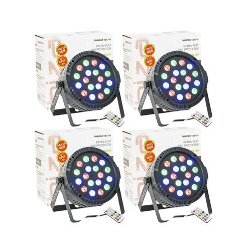 Pack de 4 Projecteurs Par Ibiza Light THINPAR-18X1W RGB - DMX Télécommande Extra-plats LED Soirée Dj Club Fête Discothèque