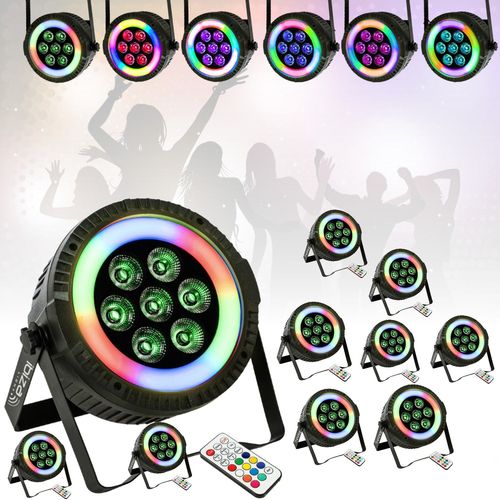 Pack de 10 Projecteurs Par Ibiza Light THINPAR-LED-RING Télécommande - 7x6W RGBW 4-en-1 48 LED SMD Soirée Dj Extra-plats LED DMX