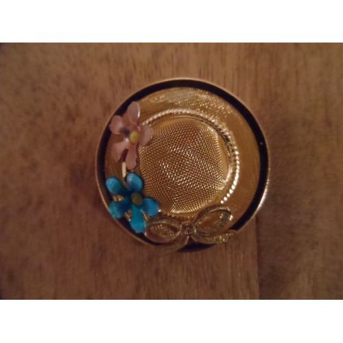Broche Capeline Métal Doré Fleurs Bleu Et Parme