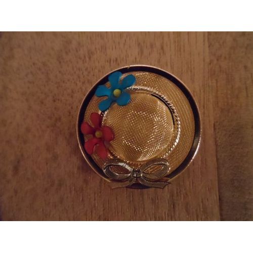Broche Capeline Métal Doré Fleurs Bleu Et Rouge