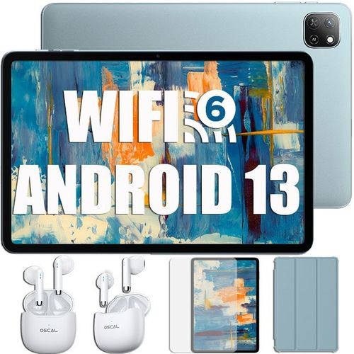 Oscal Pad 50 WiFi Tablette Tactile 10.1 pouces HD+ IPS Android 13 RAM 6 Go ROM 64 Go-SD 1 To 5100mAh Bleu Avec Hibuds5 Blanc
