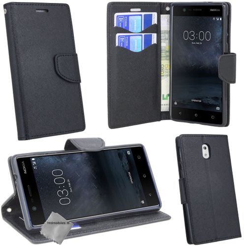 Housse Etui Coque Pochette Portefeuille Pour Nokia 3 + Film Ecran - Noir / Noir