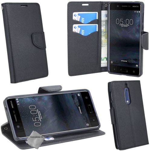 Housse Etui Coque Pochette Portefeuille Pour Nokia 5 + Verre Trempe - Noir / Noir
