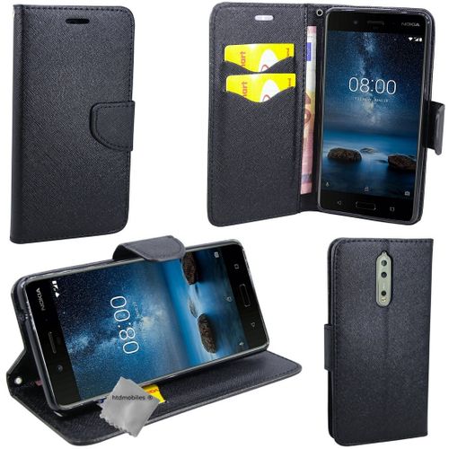 Housse Etui Coque Pochette Portefeuille Pour Nokia 8 + Film Ecran - Noir / Noir